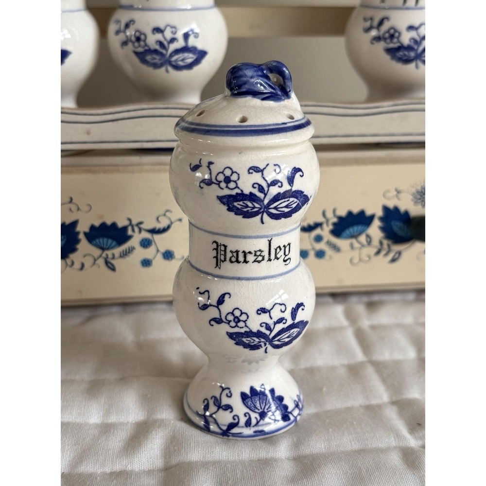 1950s Arnart Blue Onion Porcelain Spice Jars with Wooden Wall Rack & Drawers - Picture 16 of 16